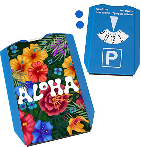 Blumenmotiv mit Aloha Schriftzug Parkscheibe mit Zwei Einkaufswagenchips Überraschung fürs erste Auto zur bestandenen Führerscheinprüfung auch als Mitbringsel von Einer Reise EIN