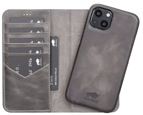 Solo Pelle Lederhülle kompatibel für iPhone 13 in 6.1 Zoll abnehmbare Hülle (2in1) inkl. Kartenfächer für das original Apple iPhone 13 (Vollleder Steingrau)