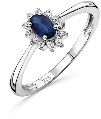 OROVI Schmuck Damen 0.07 Ct Diamant Verlobungsring Blume Weißgold mit Edelstein/Geburtsstein natürlicher ovaler Saphir und 12 Diamanten Brillanten Ring aus 9 Karat (375) Gold