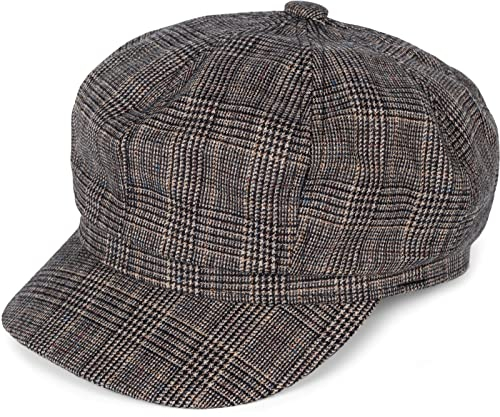 styleBREAKER Damen Bakerboy Schirmmütze mit Glencheck Karo Muster, Ballonmütze, Bakerboy Schiebermütze, Newsboy Cap 04023068, Farbe:Dunkelbraun-Beige