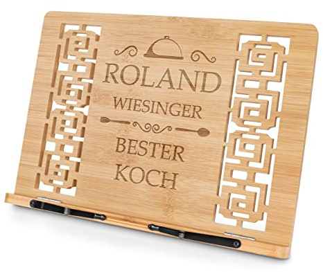 Maverton Buchhalter mit Gravur - personalisiert - faltbar - mit 2 Seitenhalter - 5-stufig verstellbar - Kochbuchständer - für Männer - aus Bambus - Farbe: Hellbraun - Koch