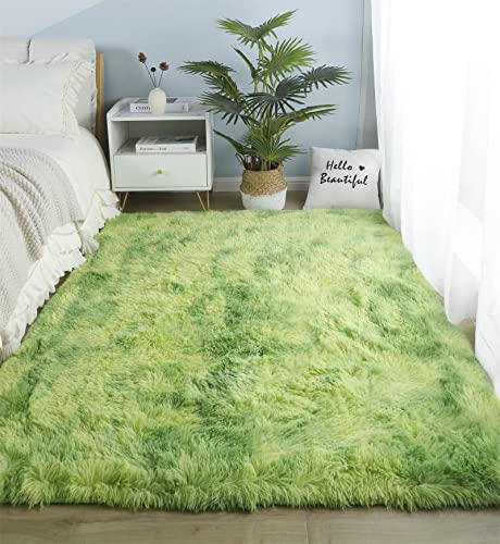 linyingdian Tapis de Salon, Tapis à Poils Longs, Chambre à Coucher Doux, antidérapant, Moelleux, Pelucheux Chambre d’Enfant intérieure surdimensionnée, Douce Moderne (Vert, 80 x 120cm)