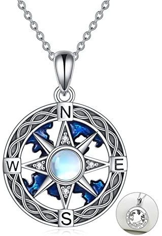 YFN Halskette mit Kompass-Anhänger, Sterlingsilber, Marineblau, Anker, Reisekarte, Halskette, Kompass, Schmuck für Damen und Herren, 45,7 cm + 5,1 cm (Blue-Kompass Halskette mit Mondstein)