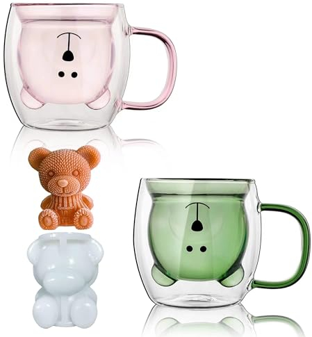 Juego de 2 tazas de té de oso con 2 bonitas tazas de té de oso de 250 ml, de doble pared, café con leche, oso con asa, lindos regalos de cumpleaños para hombres y mujeres (2 unidades, rosa y verde)