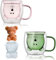 Lot de 2 tasses à thé en forme d'ours mignon de 250 ml en verre à double paroi avec poignée isolée pour lait, café, expresso, bière, cadeau d'anniversaire mignon pour homme et femme (rose vert)