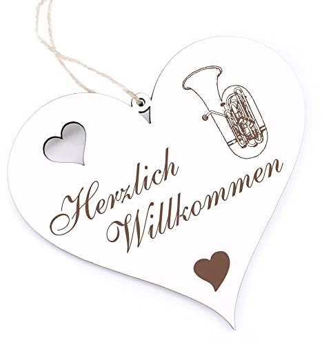 Herzlich Willkommen Schild - Tuba - Deko Herz Holz Willkommensschild Türschild Dekoschild Türdeko