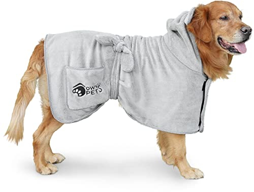 Ownpets Hundebademantel, Schnell Trocknend Frottee Badetuch, Saugfähiger Hunde Bademantel mit Klettverschluss und Verstellbares Körperband, verdickend (L | Grau)