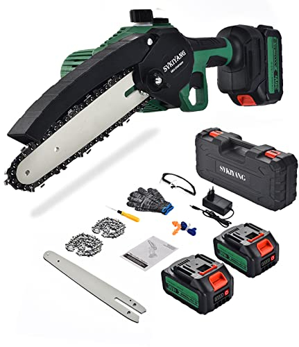 Svkiyang Mini Motosierra Bateria, Motosierra Eléctrica de 6 Pulgadas con Dos Baterías de Alta Capacidad de 36V y Cargador Rápido, Sierra Electrica con 2 Cadenas Para Jardinería(Verde-4(6))…