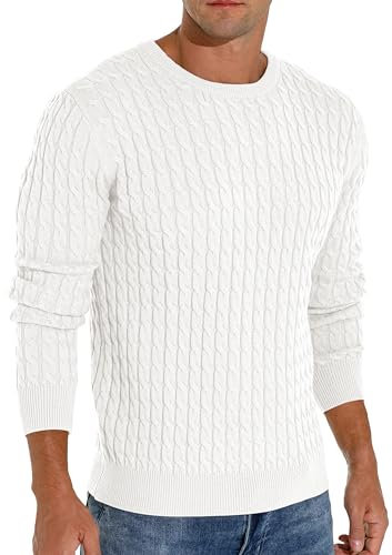 Hisir Men's Winter Cable Knit Jumpers Casual Crew Neck Warm Long Sleeve Pullover Sweater Tops for Men (White, XL)