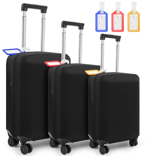 Paterr 3 Pieces Luggage Cover Travel Suitcase Protector Anti Scratch with 3 Pcs Plastic Luggage Tags 20/24/ 28 Inch Suitcase Cover Protector Washable Fits 18 to 28 Inch 3 Sizes, black