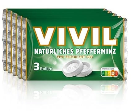 VIVIL Rollen Natürliches Pfefferminz, 5 x 3er Pack, frische Pastillen mit Pfefferminzgeschmack, glutenfrei & laktosefrei, 15 x 29g