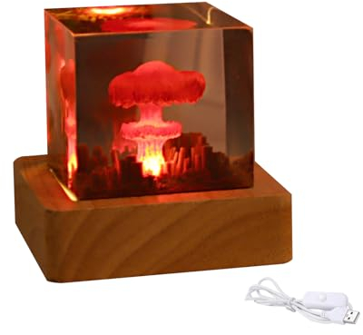 cimsfcor Cubic Mushroom Cloud Night Light, Atombombe Modell Atmosphärische Lampe Epoxidharz Pilz Wolke nukleare Explosion Lampe mit Holzsockel für Heimbüro (S)