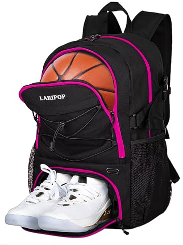 LARIPOP Sac de basket-ball, sac à dos de basket-ball avec compartiment à chaussures et support de ballon, sacs de sport pour football, volley-ball, natation, gym, voyage, école