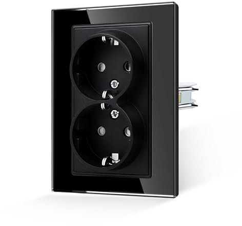 JIMEIDA Enchufe doble de cristal negro con ganchos, 1 compartimento, 16 A, estándar Schuko, cristal templado, protección de contacto, enchufe de pared
