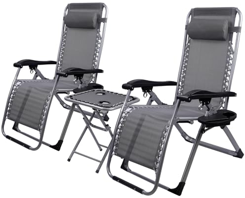 Anstore 3-teiliges Liegestuhl Set (2 Liegestühle Klappbar + Tisch Klappbar), Belastbar 300kg, Gartenliege aus Metalllegierung & Teslin-Netzstoff für Garten Balkon Terrasse Schwimmbad Strand, Grau