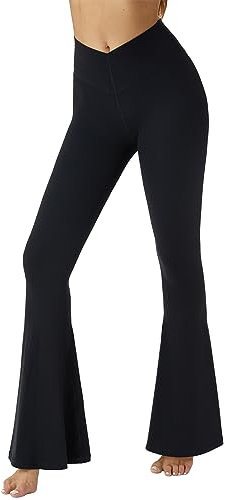 Friptspyg Damen Hose mit Taschen High Waist Yogahose Causal Jogginghose Elastische Sporthose Outfit Weite Bootcut Flared Leggings, Schwarz XL