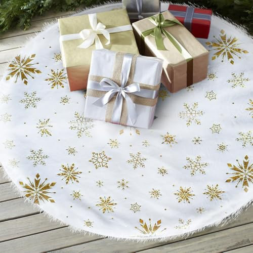 90cm Gonna per Albero di Natale, Gonna per Albero di Peluche Oro Bianco Fiocchi di Neve, Coperta per Albero di Natale Coperta Albero di Natale Decorazione Natalizia, Coperta Rotonda Albero di Natale
