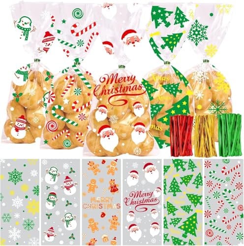 DTYDECLE 120 Stück Weihnachten Süßigkeiten Tüten, Weihnachten Cellophantüten Kekstüten Tranparent Plätzchentüten Zellophantüten für Christmas Party Geschenk Xmas Deko