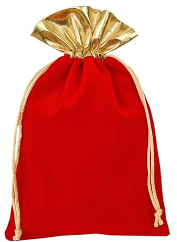 | 6 Samtsäckchen mit Goldbordüre, Geschenkbeutel, Stoffbeutel, Weihnachten, Geburtstag, Advent (rot 30x20 cm)