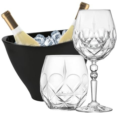 Sicignano | Set 6 Calici CL.53 con 6 Bicchieri CL.38 Alkemist per Vino Acqua Whisky Liquori Cocktail, Cristallo Ecologico, Trasparenti, Resistenti – Omaggio Secchiello Champagne Nero 2 Bottiglie