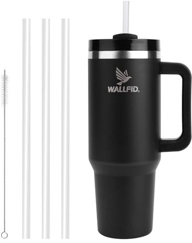 WALLFID Edelstahlbecher, 1134 ml (40 oz) vakuumisoliert, mit Deckel und Strohhalm, ideal für heiße und kalte Getränke, perfekt für Kaffee, Tee, Smoothies etc. (Schwarz)