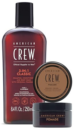 AMERICAN CREW - Duo Set mit 3-in-1 Classic Shampoo, Conditioner & Body Wash (250ml) + Pomade (50g), Haar- & Körperpflege Duo für Männer, Geschenk