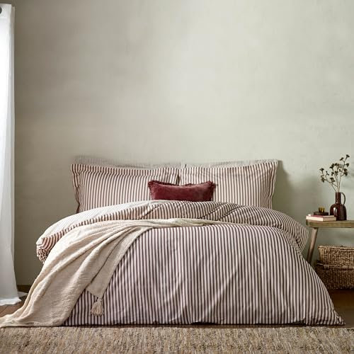 furn. Yard Hebden Mélange Stripe Cotton Duvet Set – Ultra Soft Reversible Striped Bedding (Beetroot – Single)