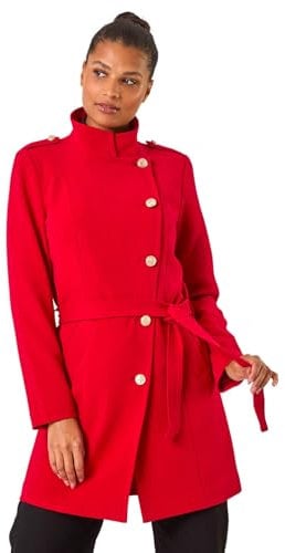 Roman Originals Funnel Neck Buttoned Coat for Women UK - Ladies Everyday Autumn Winter Comfy Soft Evening Vacation Work Party Night Out - Red - Size 16