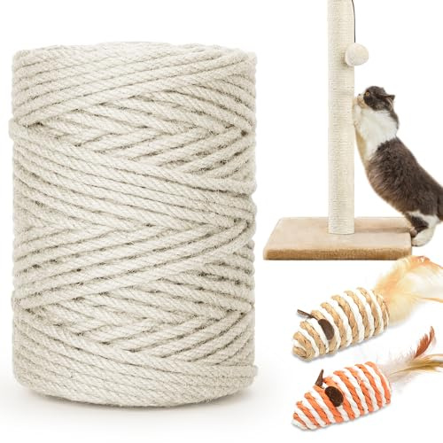 HezzLuv Sisalseil für Kratzbäume und Pfosten, 6,4 cm, 6,3 mm | Dickes weißes Juteseil mit 2 Katzen-Maus-Spielzeugen für Kratzbäume, Katzentürme & DIY-Projekte
