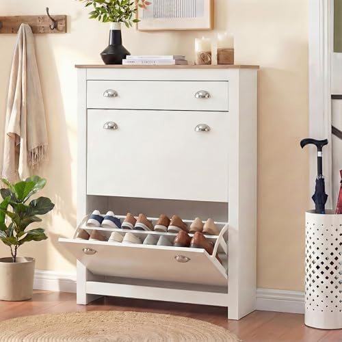 Blisswood Shoe Cabinet, Wooden Shoe Storage Unit with 2 Flip Drawers & 1 Open Drawer, Freestanding Shoe Rack Organiser, Adjustable Shelves, Cupboard for Entryway Footwear Stand Hallway Furniture_White