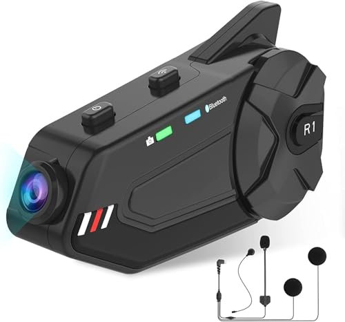OBEST Intercomunicador Bluetooth, casco de motocicleta, intercomunicador con cámara de 1080p, 1000M 6 Riders Group Intercomunicador, con tarjeta FM, Bluetooth 5.0/64G TF/2-en-1 micrófono/IP65