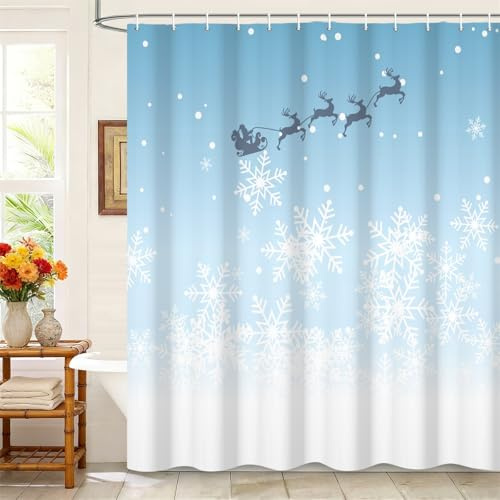 Kzzfqxb Rideaux de Douche 152x183cm avec Crochets en Plastique, Nouvel an Flocons de Neige carrosse de Rennes Père Noël, étanche Tissu Polyester pour Baignoire, Festival décoration pour Salle de Bain