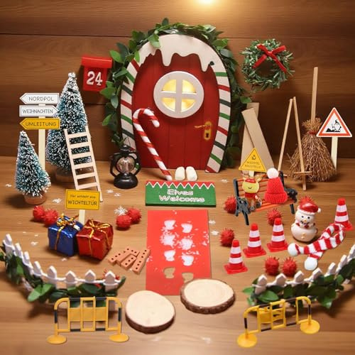 60 Stück Wichteltür Set Weihnachten Komplett - Wichtel Weihnachten Zubehör Komplettset, Mini-Weihnachtsbaum, Kranz, Holzleiter, Wichtelbesen usw DIY Geschenk für Zimmer Dekoration Advent Weihnachten