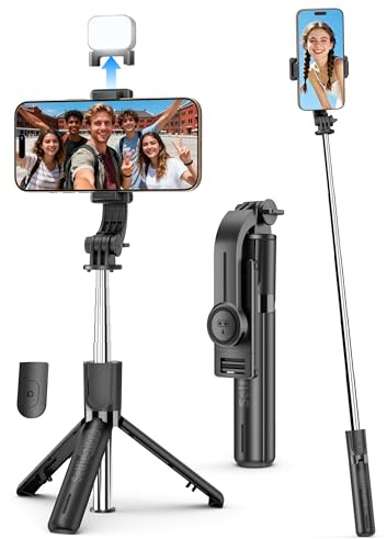 Selfie Stativ mit Fülllicht, All-in-One Ausziehbares Handy Ständer mit Abnehmbarer Fernbedienung, Tragbares Smartphone Reise-Set Mini Stativ für Reisen Kompatibel mit iPhone und Android