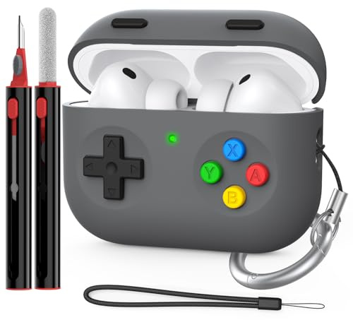 Delidigi for AirPods Pro 3 Case Cover Retro Handheld Game Console Design Silicone Protective Case with Cleaner Kit&Carabiner Compatible with AirPods Pro 3rd Generation (USB-C)(Deep grey)