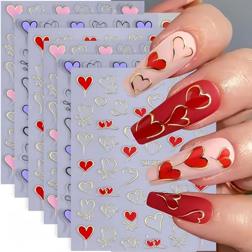 Muorruo 6 Bögen Herz-Nagelsticker, Valentinstag-Nagelaufkleber, 3D-selbstklebende Herz-Nagelsticker, Herz-Liebes-Nageldesign, festliche Maniküre, Nagelaccessoires für Frauen und Mädchen