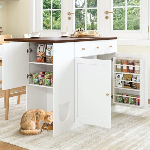 Generisch Kücheninsel Mit Ausziehbarer Arbeitsplatte, Haustierfressbereich, Schubladen & Würzregal – Weiß-Nussbaum Design 120×90 cm Multifunktionsmöbel