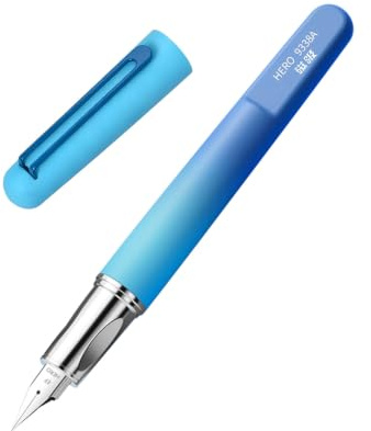 HERO 9338A Schulfüllhalter mit Magnetkappe, 0,38 mm extra feine Iridiumfeder, dunkelblauer Farbverlauf, Einsteigerfüller für Schule, Tagebuch, Kalligraphie und Geschenk