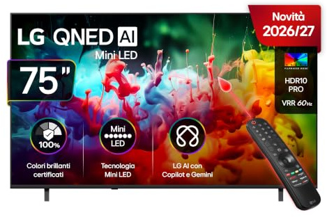 LG QNED AI MiniLED 75 pollici Serie QNED7EB 75QNED7EB3A, Smart TV 4K, AI Magic Remote, 100% Volume colore, AI Magic Remote, webOS con Gemini e Copilot, Design Linear Flow, Gaming VRR 60Hz, TV 2026