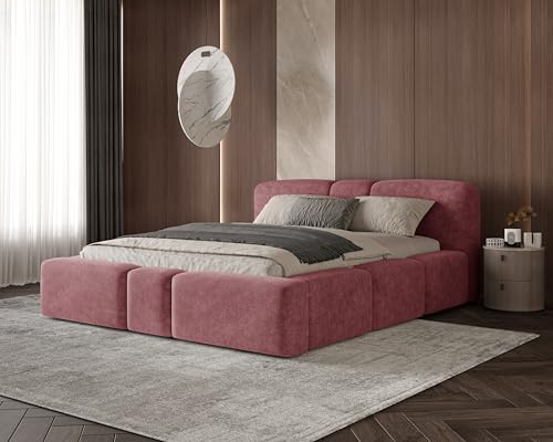 Chilly. Polsterbett Monte - Bett 140x200 cm- Bettkasten und Stauraum - Doppelbett mit Stabilem Metallrahmen - Weicher Perfect Harmony-Stoff - Rotwein