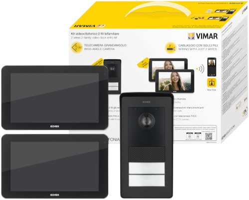 Vimar K42976 Kit videocitofonico da parete, 2 videocitofoni touch vivavoce Wi-Fi a colori LCD 7, 1 targa audiovideo 2 pulsanti, 2 alimentatori 40103, con staffe per il fissaggio a parete, nero