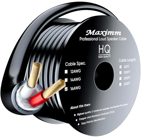 Outdoor Speaker Wire | 50 Feet | 16AWG CL3 Rated 2-Conductor Wire Black Oxygen Free Copper includes banana plugs cable clips and ties by Maximm