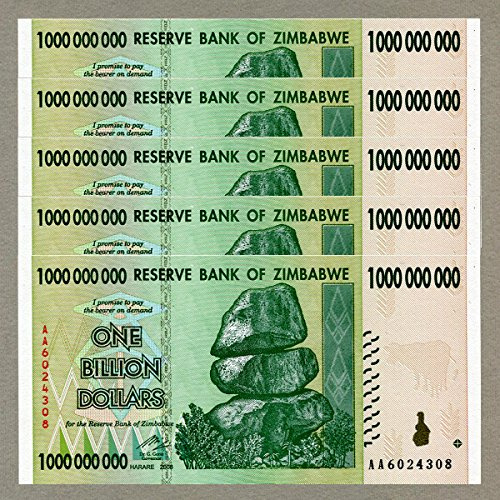 Zimbabwe 1 Billion Dollars x 5 pcs AA 2008 P83 Consecutive UNC Currency Bills