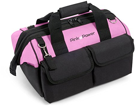 Pink Power Bolsa de herramientas rosa para mujer, bolsa de herramientas de 16 pulgadas con 22 bolsillos de almacenamiento, bolsa de herramientas pequeña para mujer, caja de herramientas para