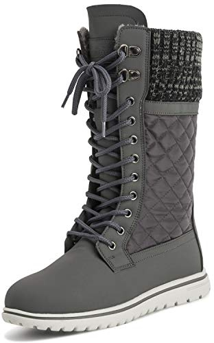 Polar Boot Womens Tall Durable Faux Fur Winter Rain Snow Waterproof Outdoor Calf Boots , Grey Nylon Quilted Cardy, 8 UK