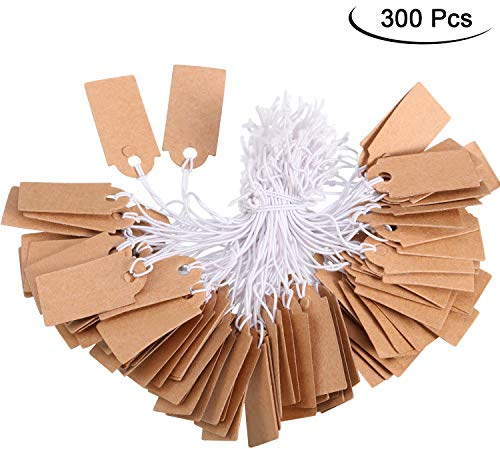 Markierung Etikette Preis Schilder Beschreibbare Blanko Preis Schilder Display Schilder mit Elastischer Aufhänge Schnur, Kraft (300 Packungen, 1.02 x 0.47 Zoll)