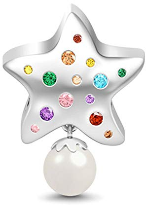 GNOCE Bunter Stern mit Perle Charm Perle Sterling Silber Machen Sie einen Wunsch, wenn Sie die Falling Stars Perle Charm mit CZs passen Armband/Halskette Weihnachtsschmuck Geschenk für Frauen Mädche
