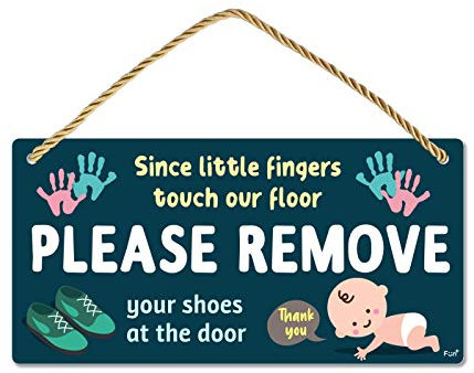 Fun-Plus Please Take Your Shoes Off - Remove Your Shoes Sign - 10″x5″ PVC Plastic Hanging Sign- Since Little Fingers Touch Our Floor