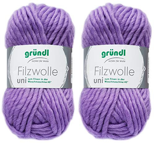 2x50 Gramm Gründl Filzwolle inkl. Anleitung für Topflappen (Uni Farben, 58 Lavendel)