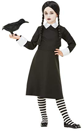 Gothic Schoolgirl Costume with Wig – Black Dress Outfit for Girls, Halloween Fancy Dress, Goth School Girl Child Costume